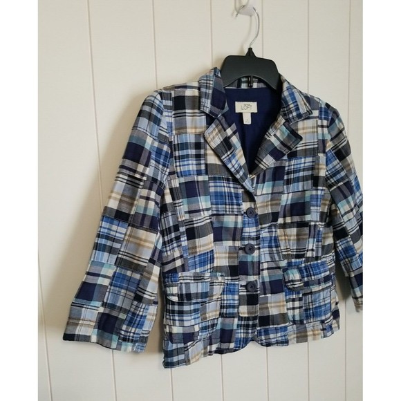 Ann Taylor Loft Jacket Womens Size 6 Blue Plaid Patchwork Retro Cropped - Picture 2 of 10